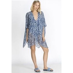 NWT Calme L/XL Blue Tiger Short Kimono Silk Cover Up 114422